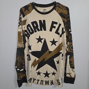 M#18 Born Fly Mens‎ Long Sleeve Graphic T Shirt Star Lightning Bolt Print Large